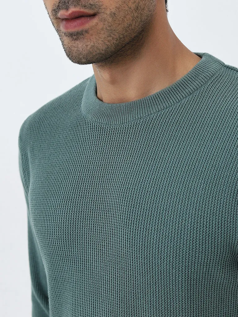 WES Casuals Sage Ribbed Knitted Slim-Fit Sweater