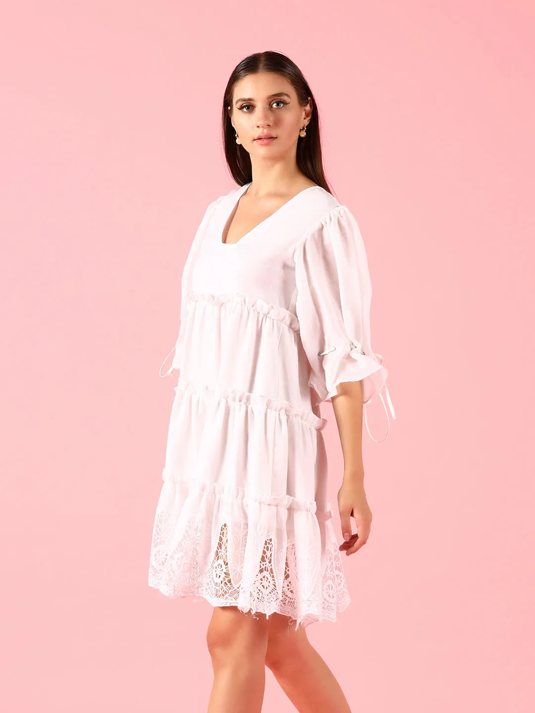 White Cotton Schiffli Dress