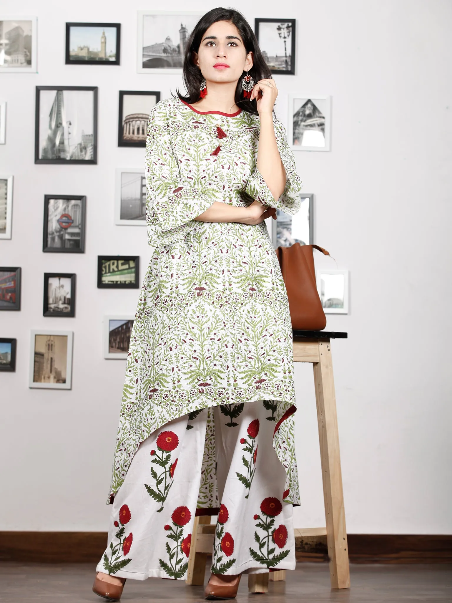 White Green Maroon Hand Block Printed Asymmetric Kurta With Culottes (Set of 2) - D285F1494