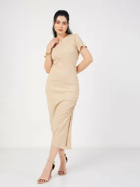 Women Beige Rib Side Ruched Bodycon Maxi Dress