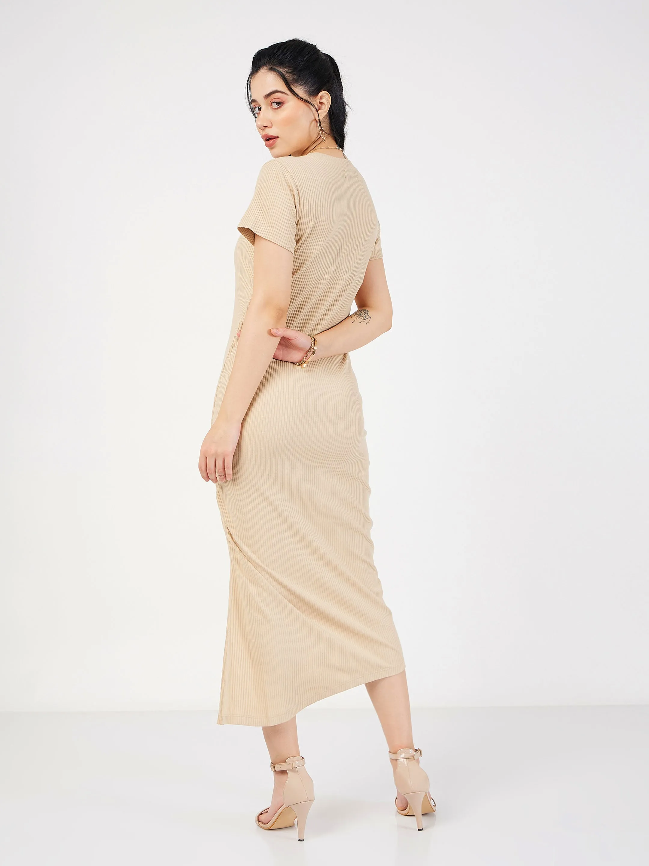 Women Beige Rib Side Ruched Bodycon Maxi Dress