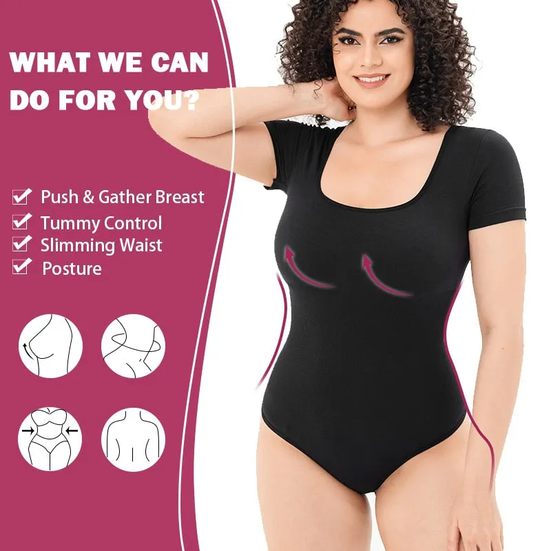 Women Bodysuits Sexy Ribbed Short Sleeve Square Neck Tank Tops Waist Shaping Tummy Control Butt Lifter Thong Shaper Corset