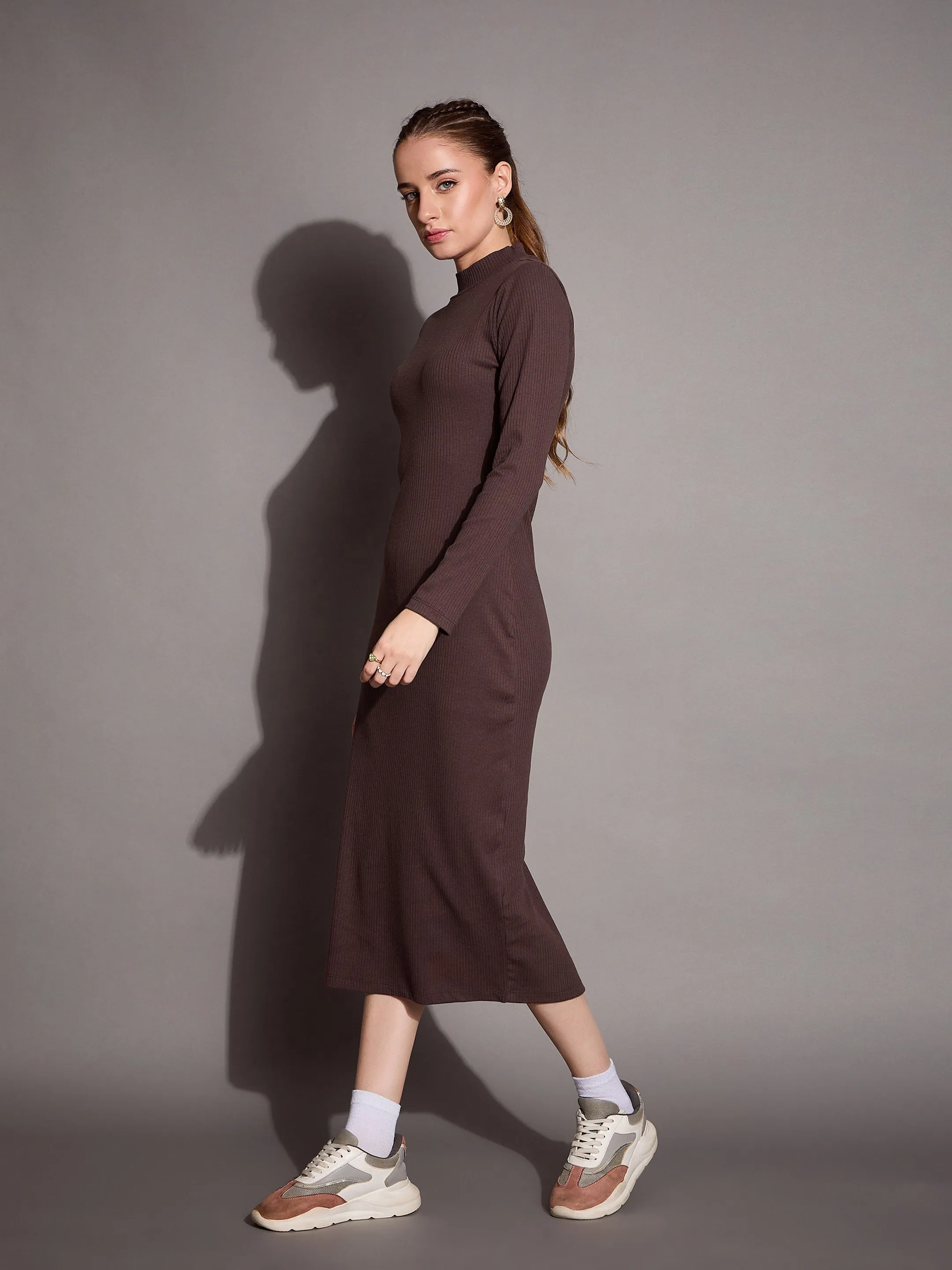 Women Brown Ribbed Back Slit Full Sleeves Bodycon Dress