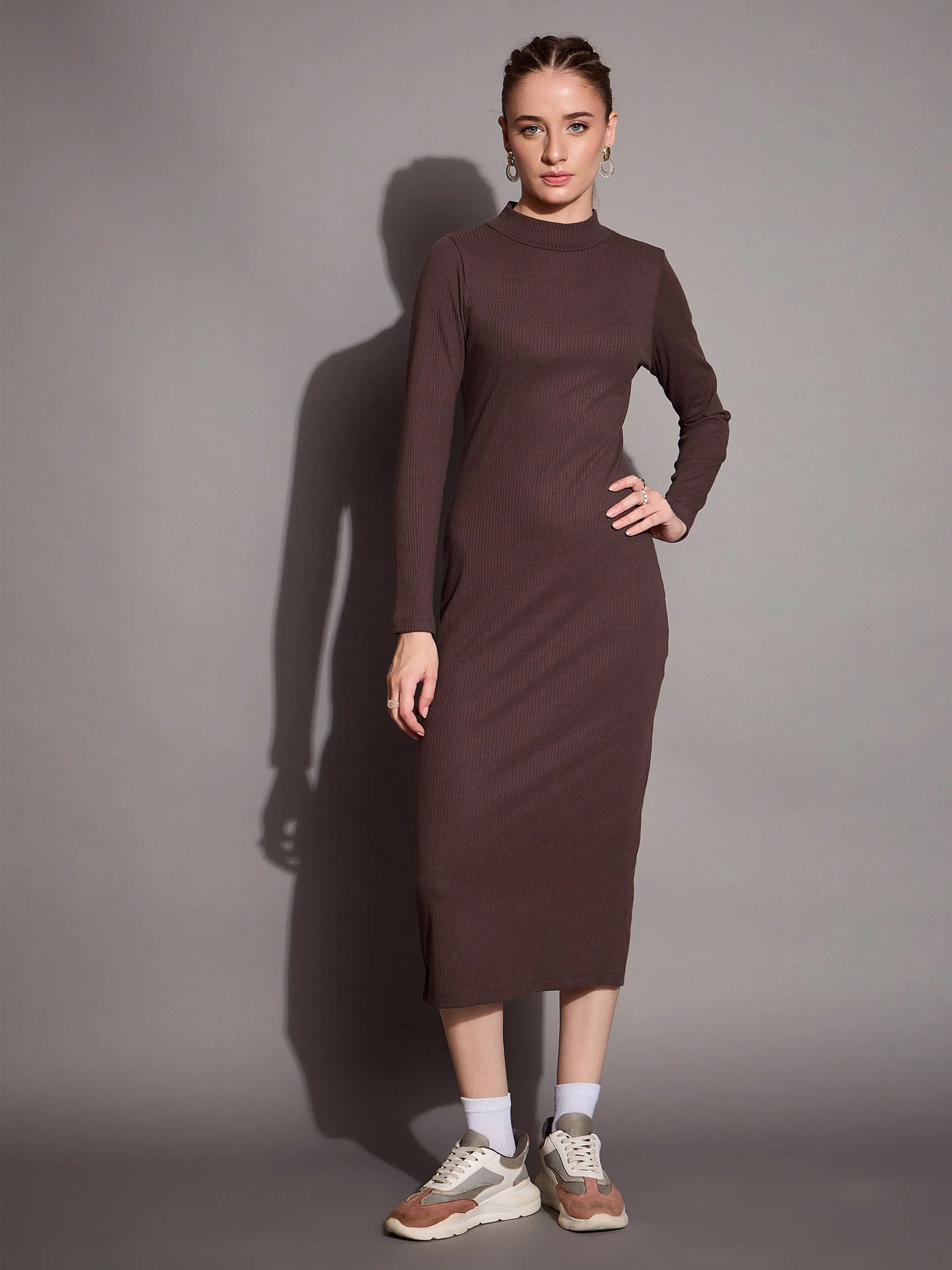 Women Brown Ribbed Back Slit Full Sleeves Bodycon Dress