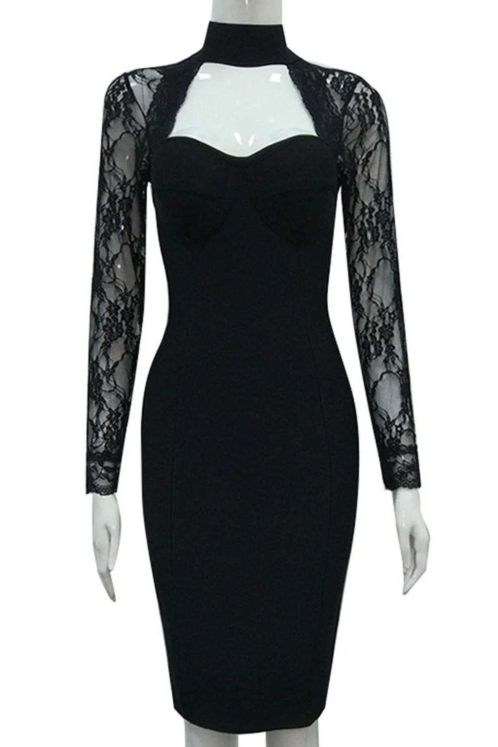 Women Exciting Halter Neck Lace Designed Sleeve Solid Pattern Attractive Bodycon Dress - WD118187