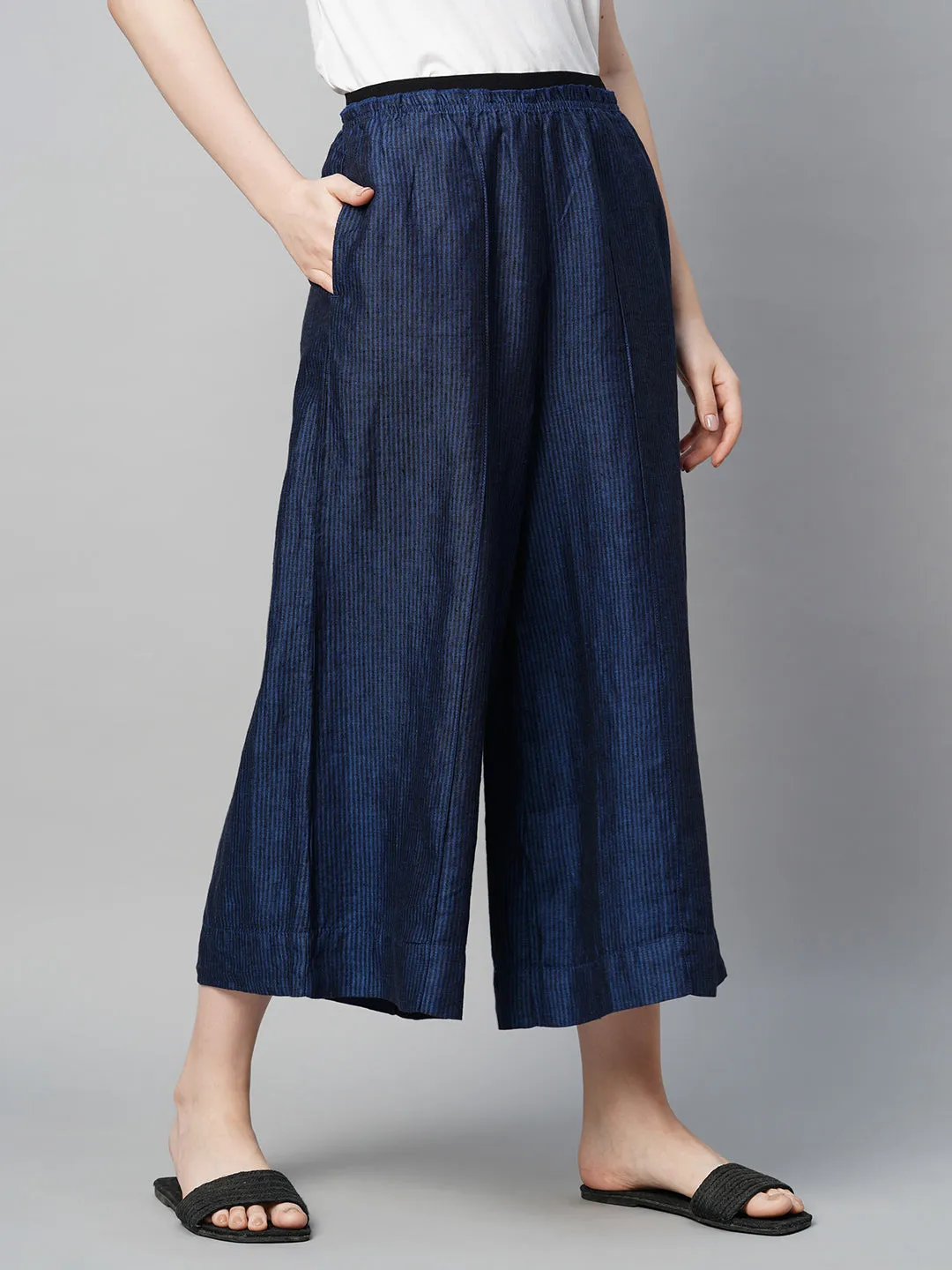 Women's Blue Linen Regular Fit Culotte