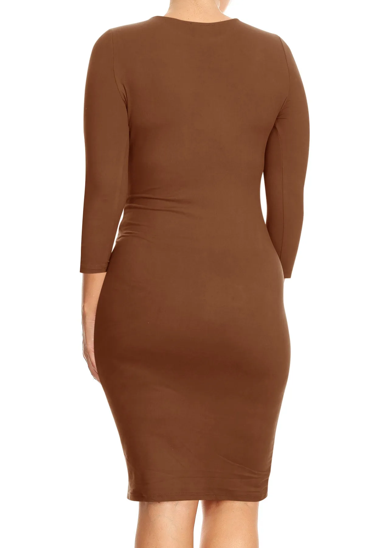 Women's Plus Size Comfy Stretch Crew Neck 3/4 Sleeves Solid Slim Fit Bodycon Midi Dress