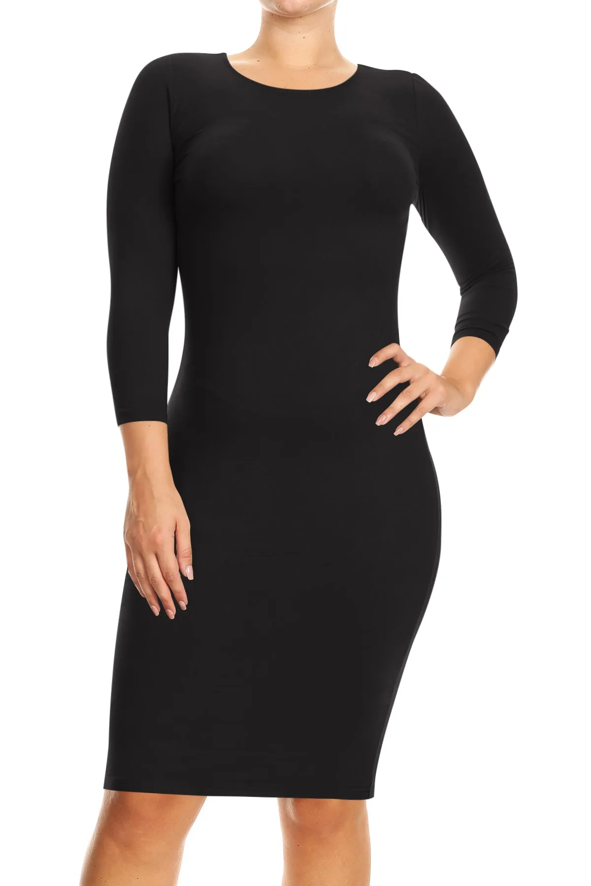 Women's Plus Size Comfy Stretch Crew Neck 3/4 Sleeves Solid Slim Fit Bodycon Midi Dress