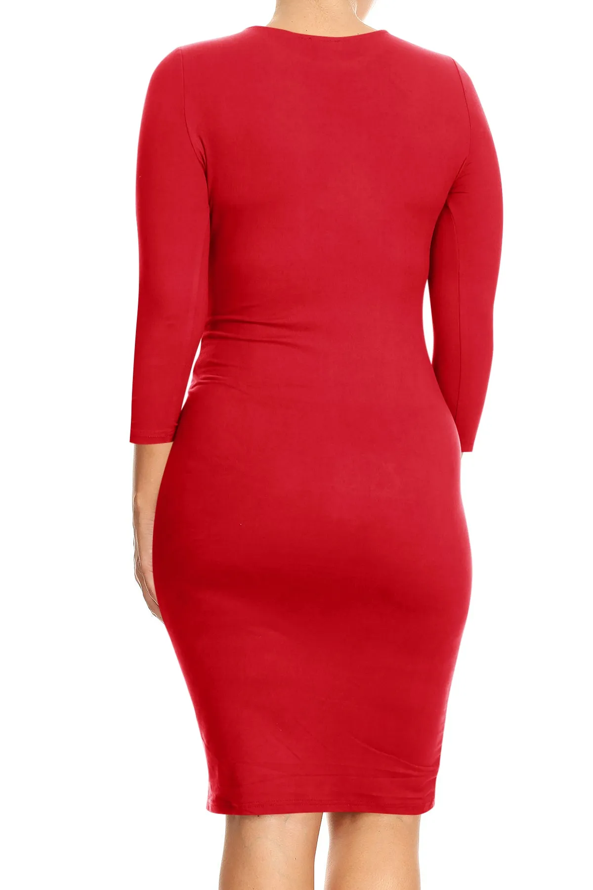 Women's Plus Size Comfy Stretch Crew Neck 3/4 Sleeves Solid Slim Fit Bodycon Midi Dress