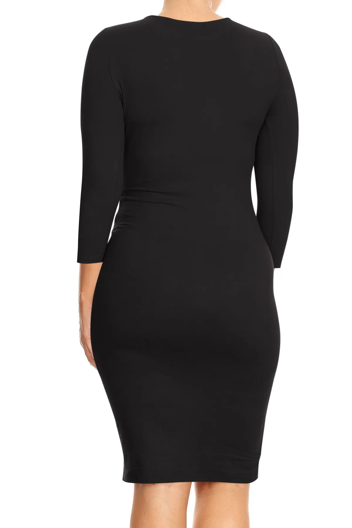 Women's Plus Size Comfy Stretch Crew Neck 3/4 Sleeves Solid Slim Fit Bodycon Midi Dress