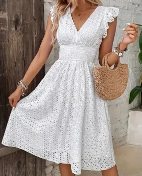 Women's Summer Cotton Dress, White, V-Neck, Short Flutter Sleeves, Knee Length, Stretchable Waistband