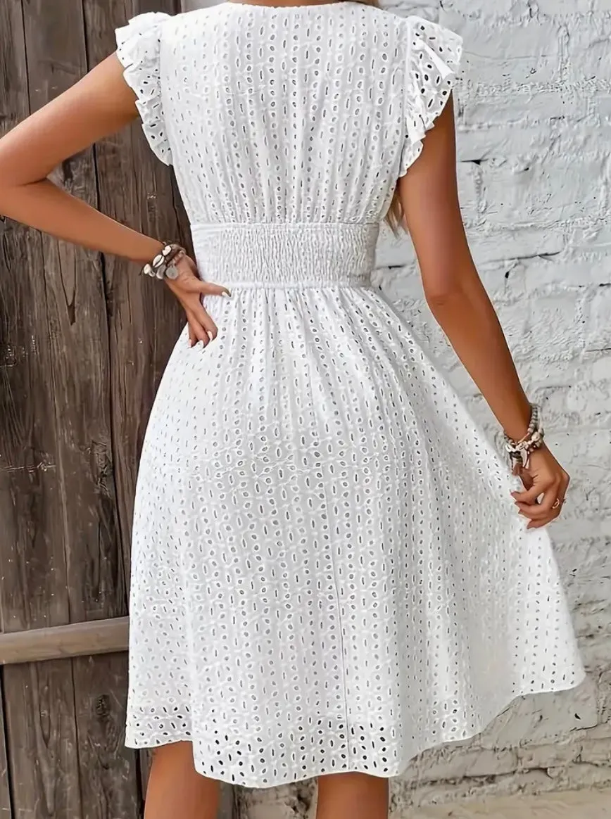 Women's Summer Cotton Dress, White, V-Neck, Short Flutter Sleeves, Knee Length, Stretchable Waistband