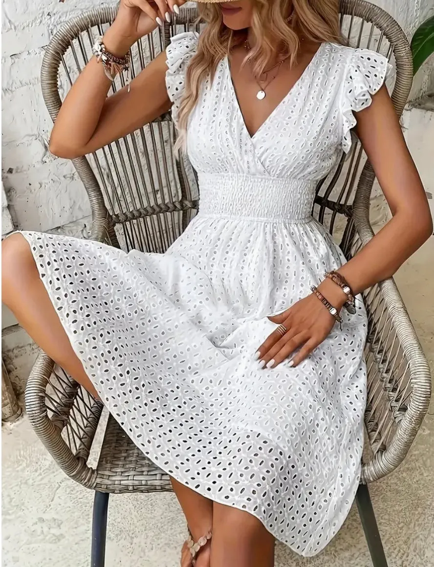 Women's Summer Cotton Dress, White, V-Neck, Short Flutter Sleeves, Knee Length, Stretchable Waistband